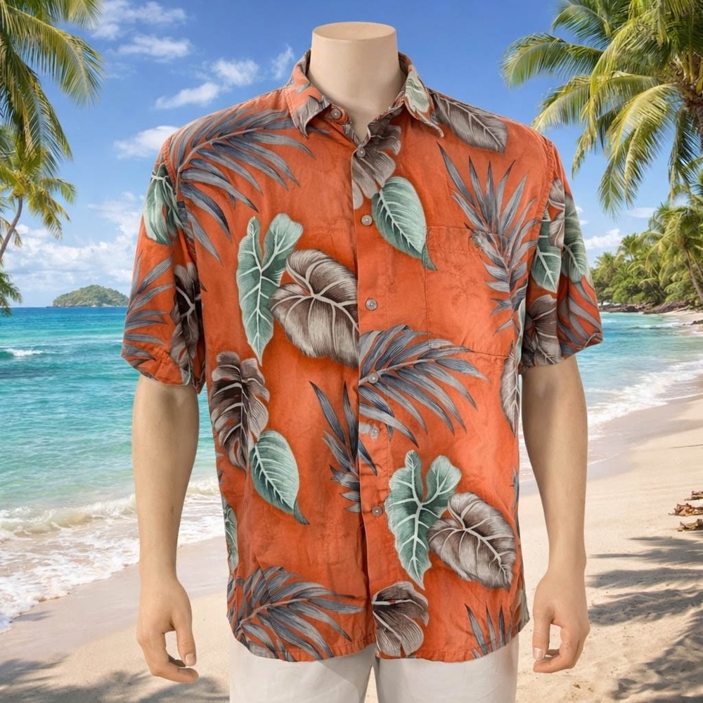 Campia Moda Hawaiian Aloha Shirt Large Floral Tropical Leaf Etched Palms L